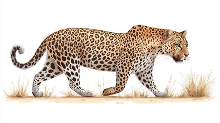 Obraz premium Leopard Walking Gracefully Through Dry Grass in a Savanna Landscape