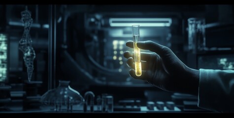 Scientist holding test tube with glowing liquid in dark lab