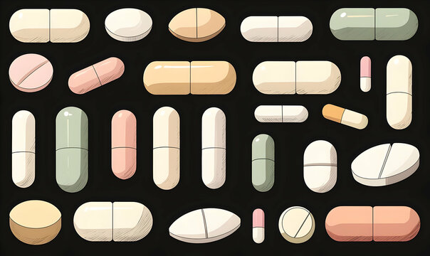 Colorful Capsules and Pills Arrangement on Dark Background