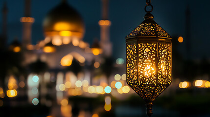 Ramadan Lantern with Mosque in Background, Islamic Ornament Decoration for Festive Celebration at Night