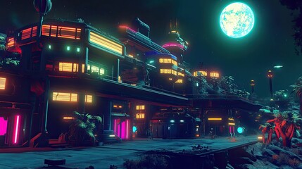 Fototapeta premium Neon-lit futuristic building, alien moon, tropical plants.