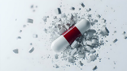 Capsule Breaking Apart Creating Clouds of Powder in White Space