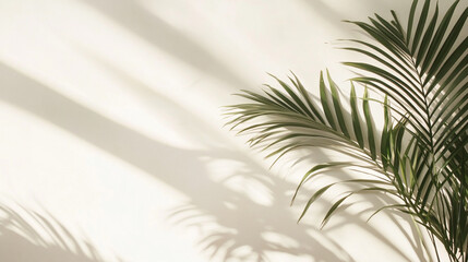 Fototapeta premium Palm leaves casting shadows on a white wall in a minimalist and bright interior setting with sunlight