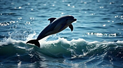 Dolphin leaps over ocean wave