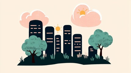 Obraz premium Simple Cityscape Illustration with Dark Buildings and Green Trees