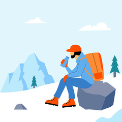 Hiker Resting on Rock – Winter Mountain Adventure Vector Illustration