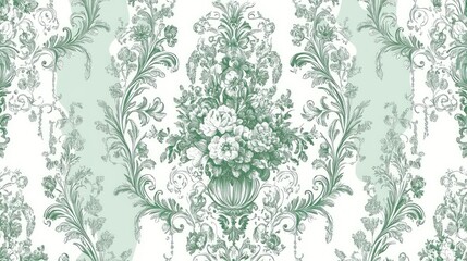 Elegant floral damask wallpaper with mint green stripes