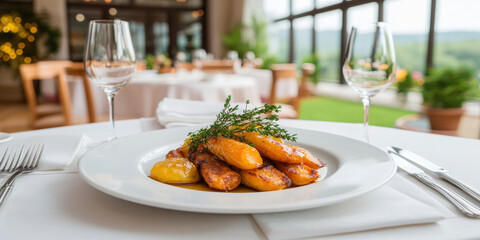 beautifully plated gourmet dish featuring roasted bananas and herbs, set in elegant restaurant ambiance