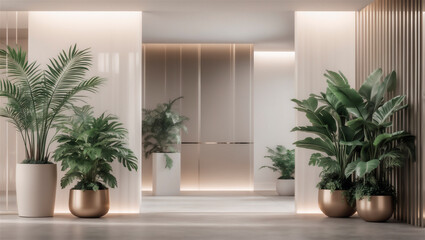 Contemporary and welcoming design, combining lush foliage, soft light and modern natural elements. Contemporary living room with biophilic decor.