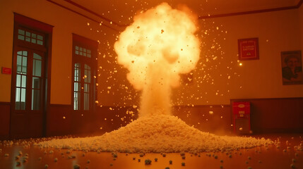 April Fools disaster film style, vintage popcorn machine exploding inside town hall2