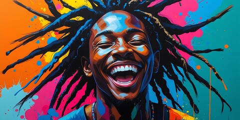 Vibrant expressive portrait of a joyful young man laughing with colorful paint splashes and abstract background, radiating energy, happiness, creativity, and urban street style

