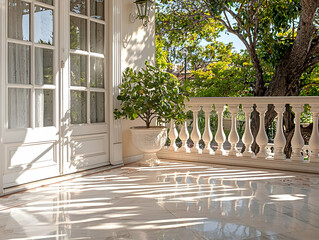 Sunlit White Stone Balcony with Potted Plant and Green Trees