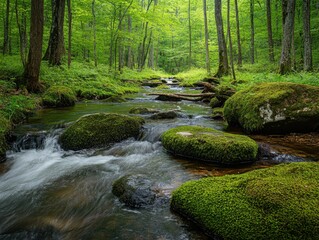 Obraz premium Lush Green Forest Stream with Mossy Rocks