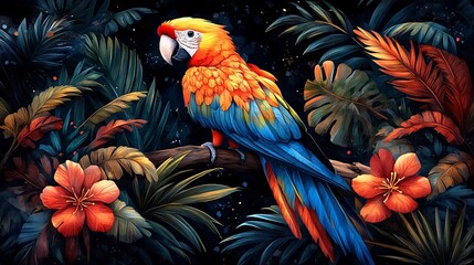 Vibrant Exotic Green Macaw Perched Among Lush Tropical Foliage and Colorful Flowers
