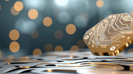 Golden Circuit Board: Intricate details highlight the beauty of electronic engineering and technological progress.