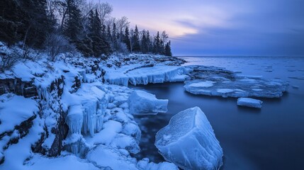 Frozen Lake Superior Shoreline at Dusk
