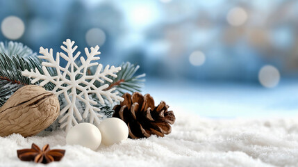 Snowy holiday scene featuring a snowflake, pinecone, nuts and star anise, with a blurred winter background