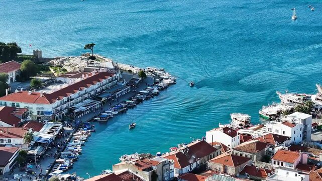 Aerial view of Fo&ccedil;a - 4k aerial view of Foca district taken by drone - Foca Aegean fishing town and marina and fishing shelter