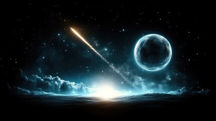Cosmic dawn, rocket launch, celestial scene