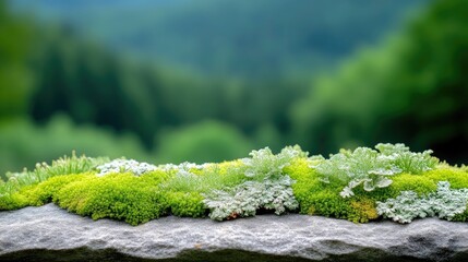 Naklejka premium Low-lying greenery adorns a stone ledge, with a blurred background of lush forest