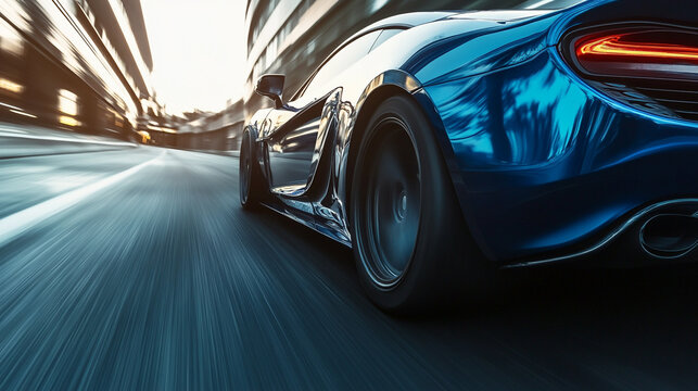 A blue sports car speeding down a city street with motion blur and buildings in the background view