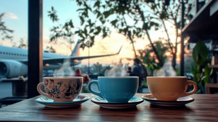 Obraz premium Three steaming mugs of coffee at sunset airplane in background peaceful airport view