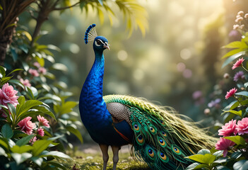 Obraz premium Majestic Colorful Peacock in a Enchanting Garden, Generative AI