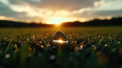 Reflective egg-shaped orb on dewy grass at sunrise