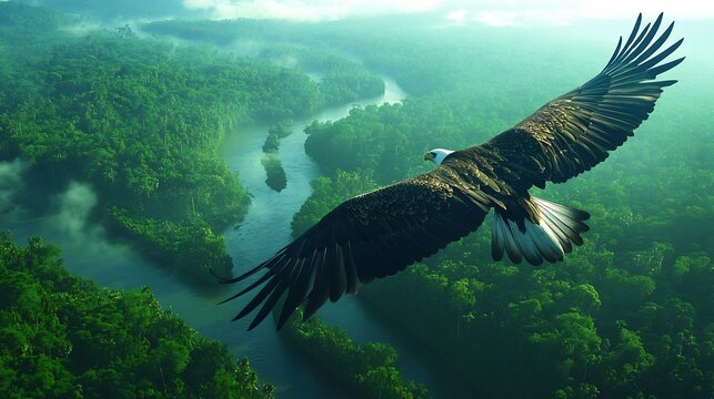  An eagle soaring high above the Amazon rainforest, looking down on the endless sea of green as rivers snake through the jungle below. 