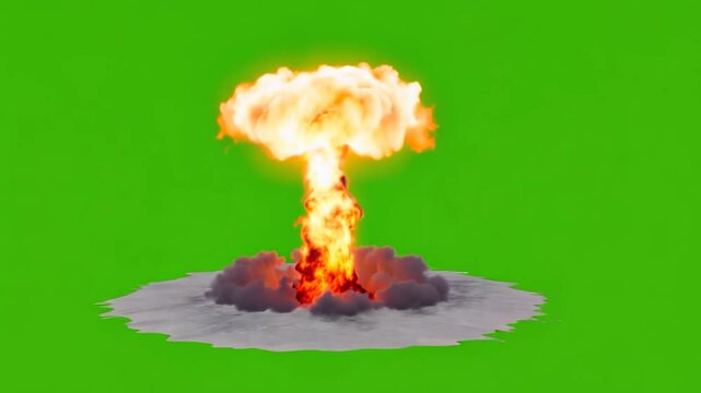 Close up video of a giant mushroom cloud explosion, two speeds included, green screen for transparent background