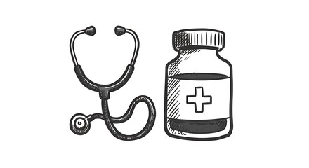 Stethoscope and Medicine Bottle Illustration Health Care Concept Sketch