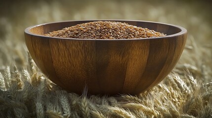 Wooden Bowl of Red Wheat Berries in Wheat Field.
