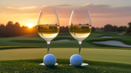 Elegant sunset scene with two glasses of white wine and two golf balls placed on a green golf course field, creating a romantic sports and luxury lifestyle background

