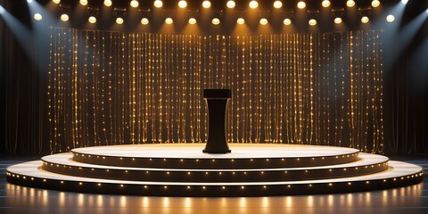 Futuristic illuminated stage with glowing circular platforms, spotlight beams, and sleek central podium, set against a digital golden light curtain background, ideal for presentations or events

