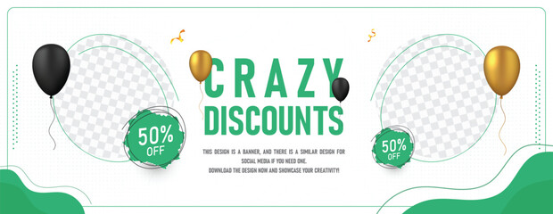Modern discount banner template with a green and white theme, balloons, and bold 'Crazy Discounts' text. Ideal for promotions, sales, and marketing campaigns