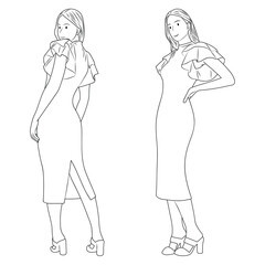 Side View Poses of Women in Casual Dresses, Line Art Style.