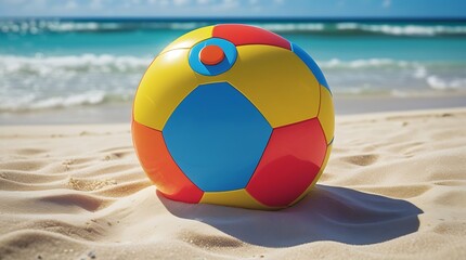 Obraz premium Colorful inflatable beach ball resting on soft white sand under bright sun at a tropical seaside, with turquoise ocean waves and blue sky in the background, ideal for summer themes