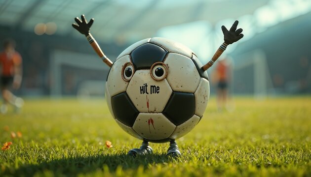Funny cartoon soccer ball with arms and a playful expression on a grassy field for concept