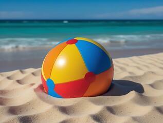 Obraz premium Colorful inflatable beach ball resting on soft white sand under bright sun at a tropical seaside, with turquoise ocean waves and blue sky in the background, ideal for summer themes