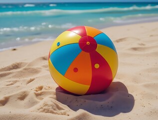 Obraz premium Colorful inflatable beach ball resting on soft white sand under bright sun at a tropical seaside, with turquoise ocean waves and blue sky in the background, ideal for summer themes