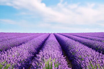 Fototapeta premium Tranquil Harmony: A Field of Lavender Flowers under a Pastel Blue Sky
