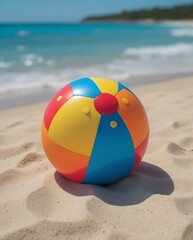 Colorful inflatable beach ball resting on soft white sand under bright sun at a tropical seaside, with turquoise ocean waves and blue sky in the background, ideal for summer themes


