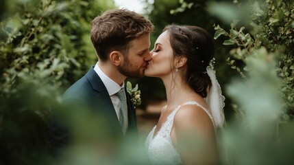 Romantic nuptial moment captured, newlywed couple embrace in nature's green haven