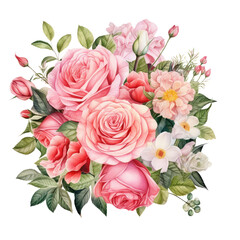 A vibrant arrangement of pink roses and delicate white flowers surrounded by lush green leaves.