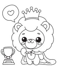 Coloring book  lion king wearing a crown and cape, with a trophy and heart speech bubble