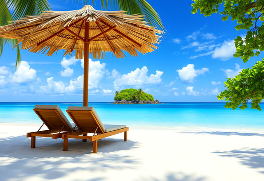 Tropical Beachfront with Relaxing Loungers and Straw Umbrella - Powered by Adobe