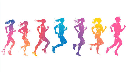 Colorful silhouettes of people running in a row on a white background in a dynamic and vibrant style