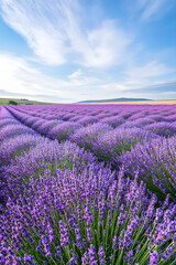 Obraz premium Tranquil Harmony: A Field of Lavender Flowers under a Pastel Blue Sky