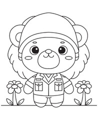 Coloring book lion soldier wearing a uniform and helmet, standing between flowers