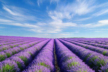 Fototapeta premium Tranquil Harmony: A Field of Lavender Flowers under a Pastel Blue Sky